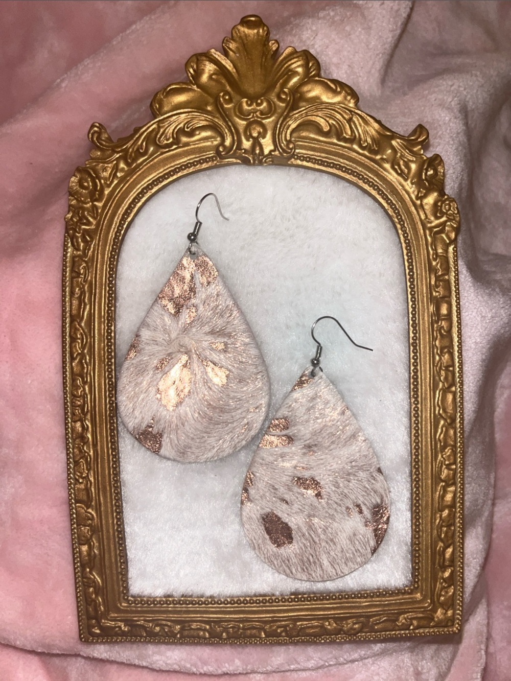 Handcrafted Beige cowhide Teardrop Earrings with Rose Gold Accents